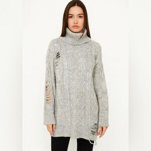 Forever21 Knit Distressed Turtleneck Womens Sweater Dress Sweater M Oatmeal 0017